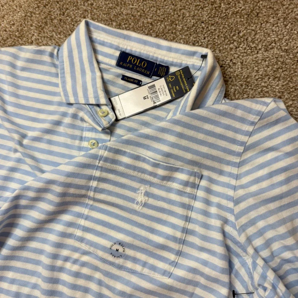 Polo Ralph Lauren Polo Shirt Mens M Blue Striped Classic Fit Pocket Short Sleeve